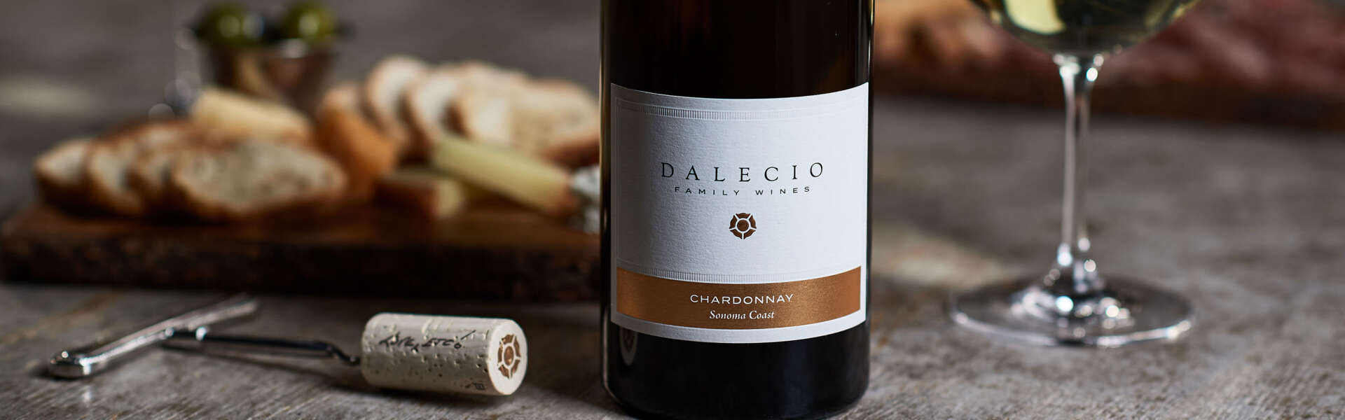 Dalecio Chardonnay on table with cork
